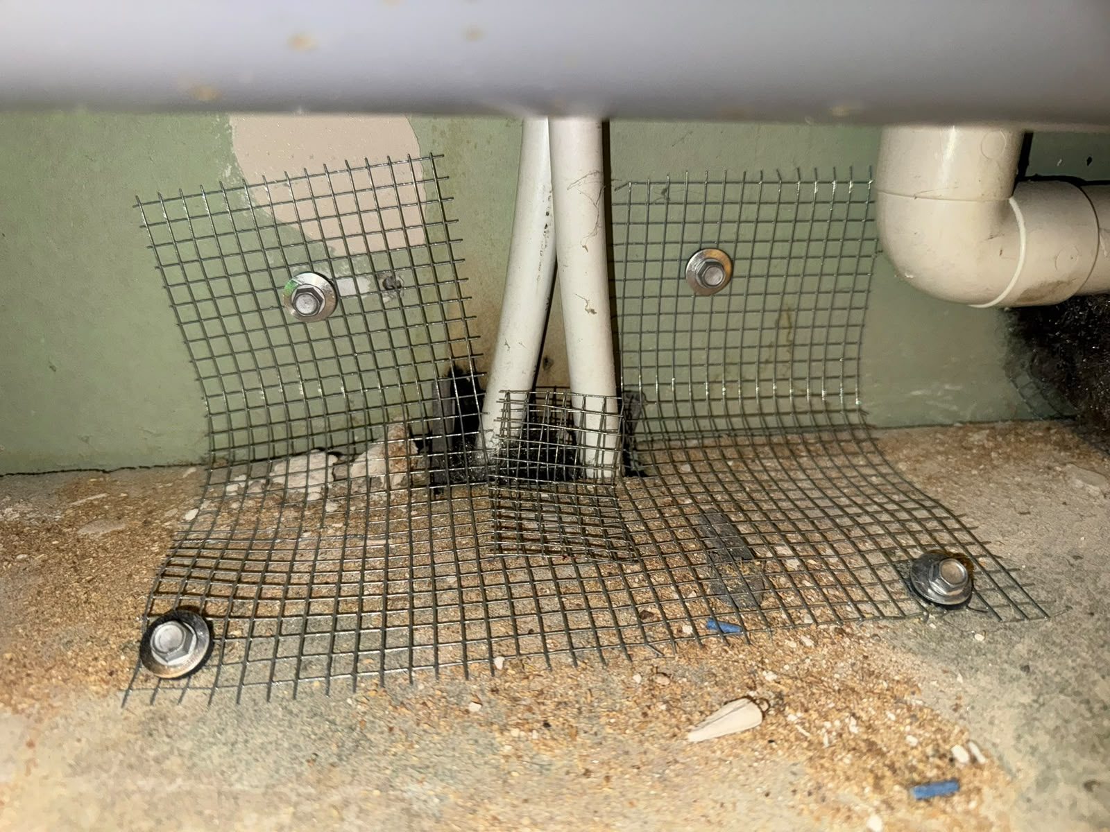 Mesh proofing bolted around service pipe openings beneath a unit