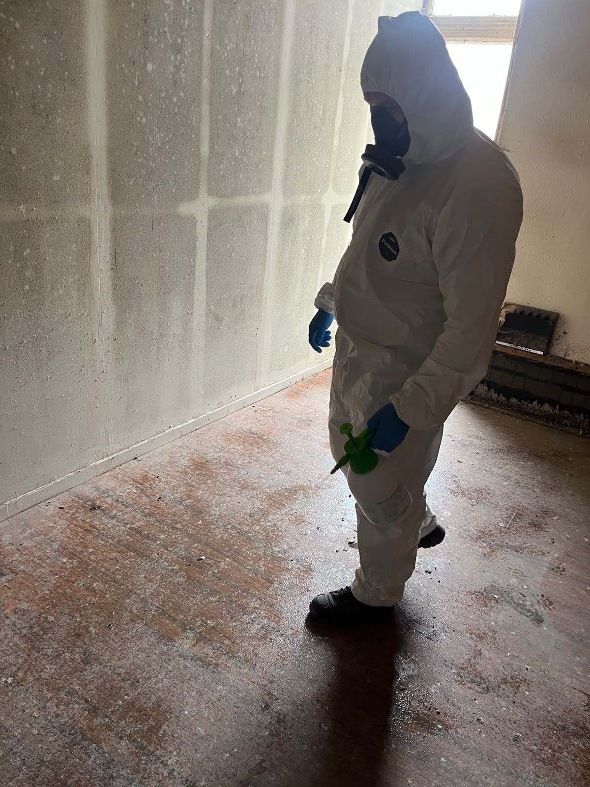 Technician treating an empty interior room during a general pest control visit