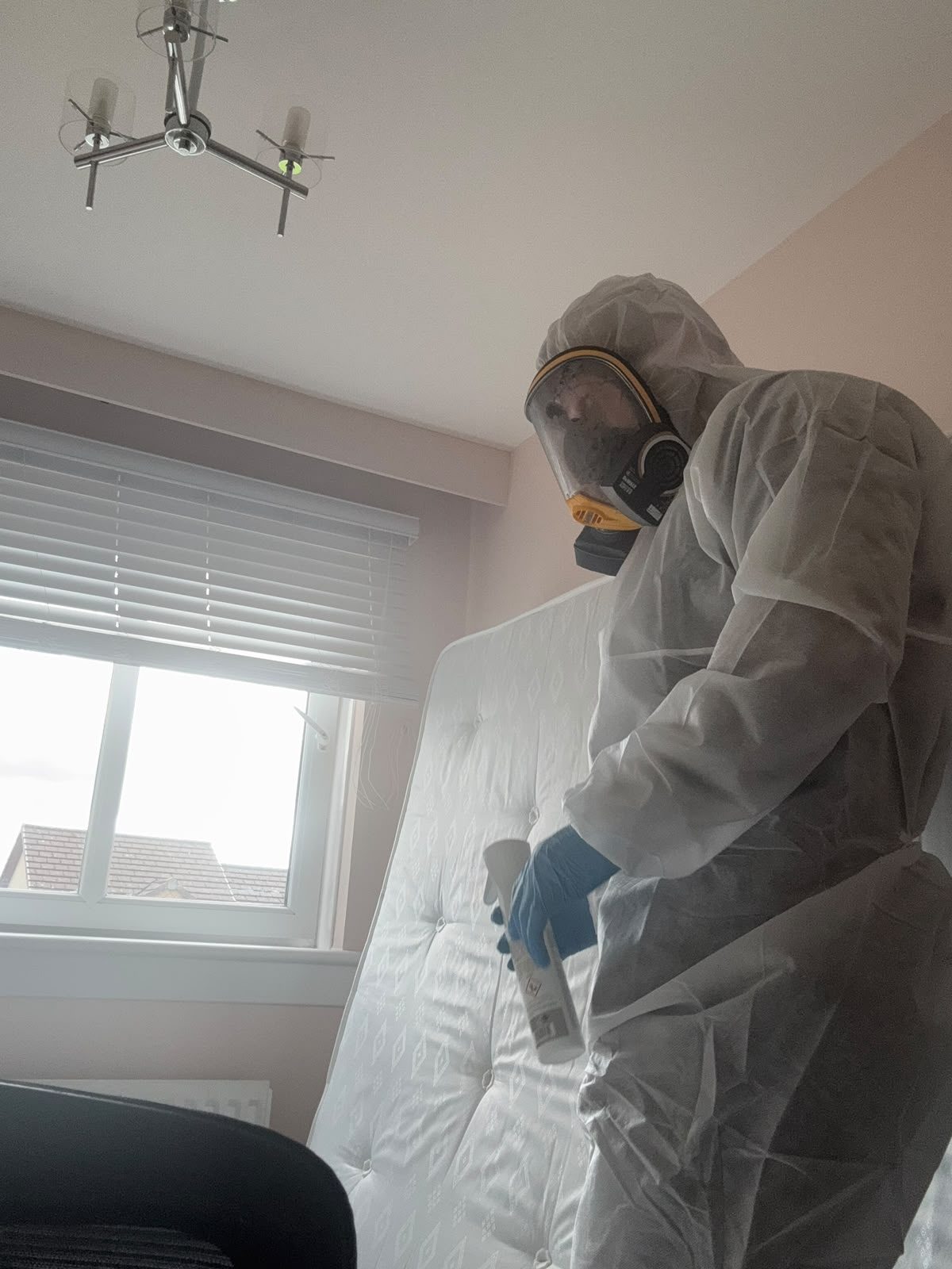 Bedbug treatment being applied to a mattress and bed frame in a Glasgow property
