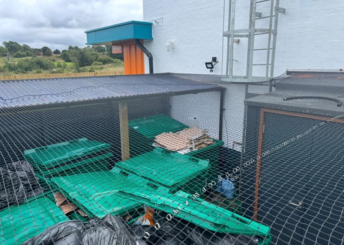 Netting protecting a commercial bin store and service area from birds
